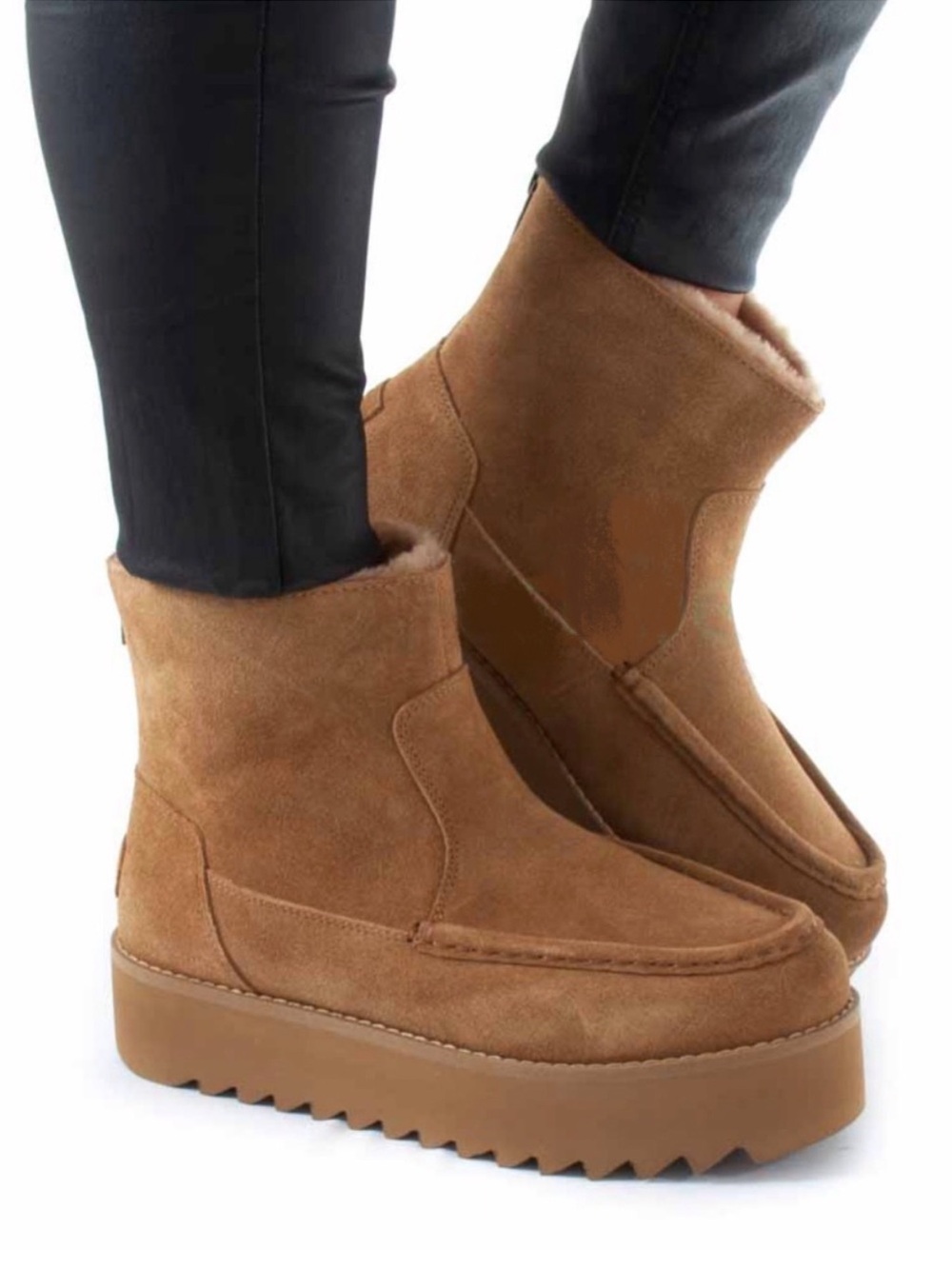 Women’s Ugg Classic Rising Heel Chesnut Tan Suede Faux-Fur Platform Ankle Boots